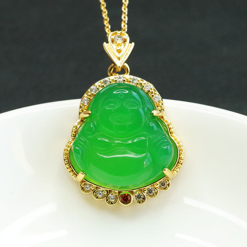 Green Chalcedony Maitreya Buddha Pendant Necklace in Sterling Silver