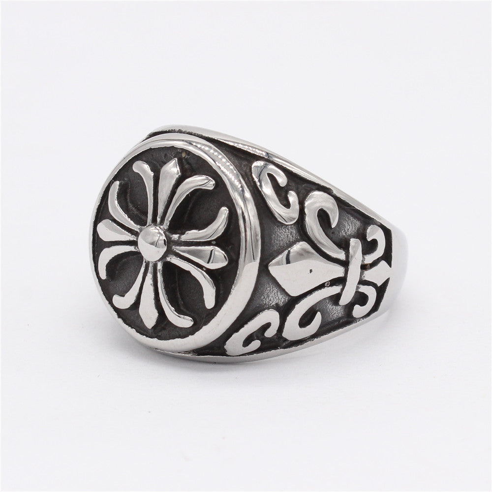 Relief Cross Flower Round Titanium Steel Ring for Men