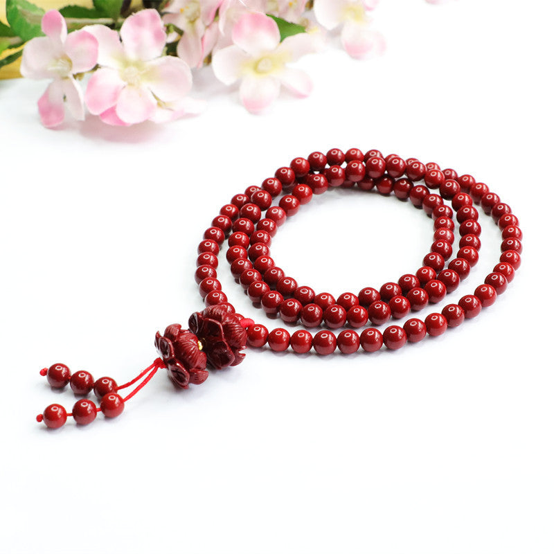 Buddha Beads Bracelet with Cinnabar Stone and Sterling Silver