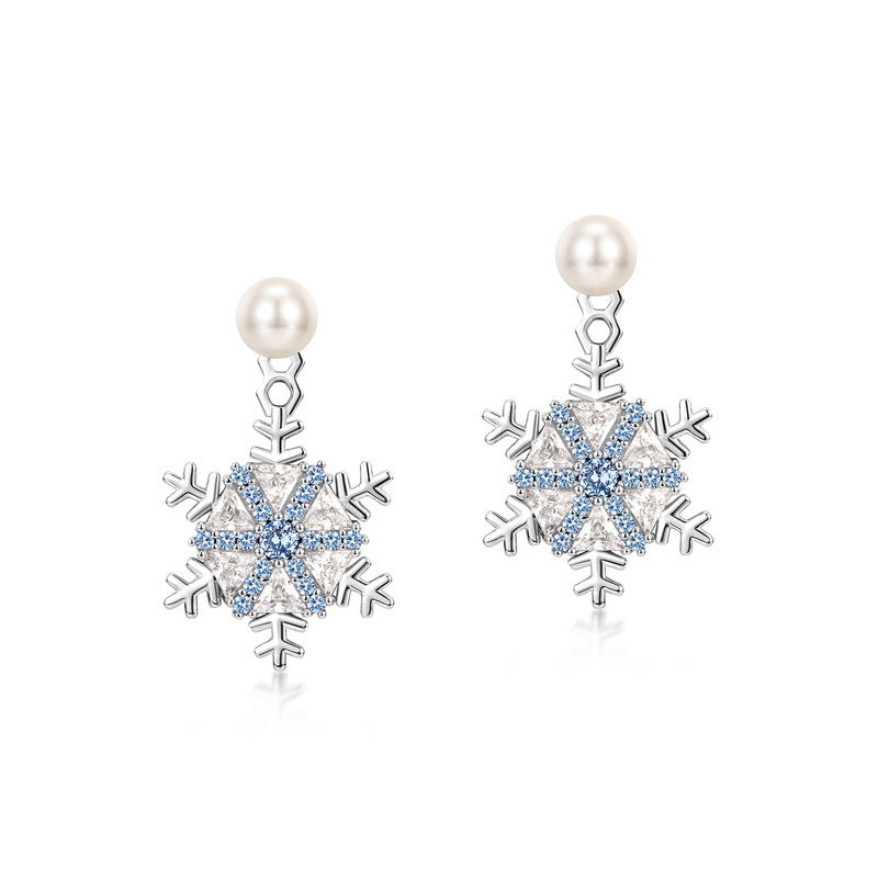 White and Blue Zircon Snowflake Pendant Pearl Sterling Silver Stud Earrings