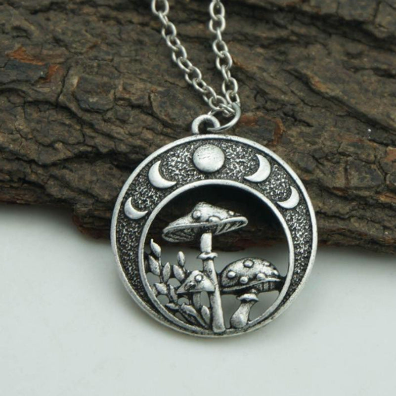 Vintage Moon Pendant Necklace with Mushroom Charm - Unique Jewelry for Women and Men