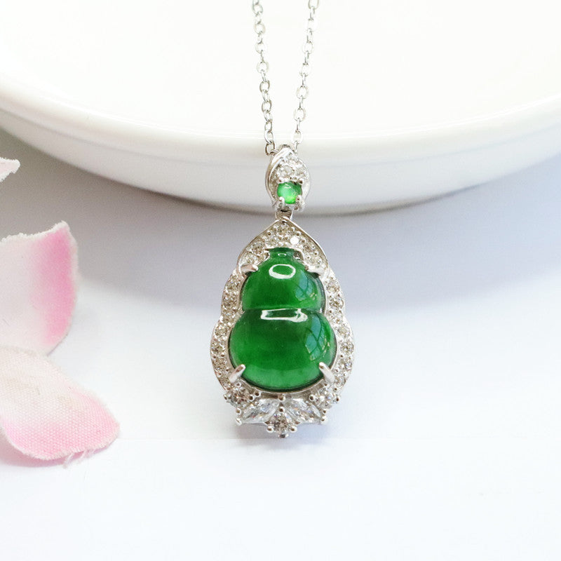 Imperial Green Jade Gourd Necklace with Zircon accent