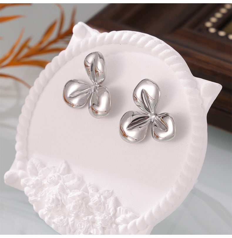 Elegant French Grass-Inspired Titanium Steel Flower Earrings