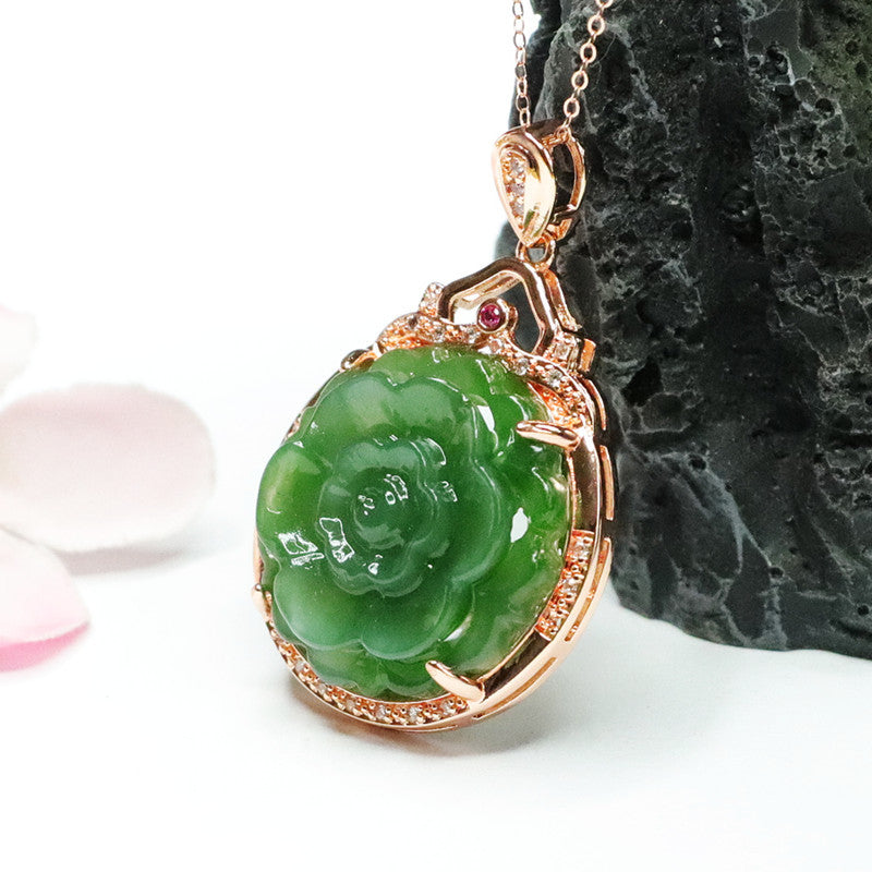 Jade Peony Flower Sterling Silver Necklace with Zircon