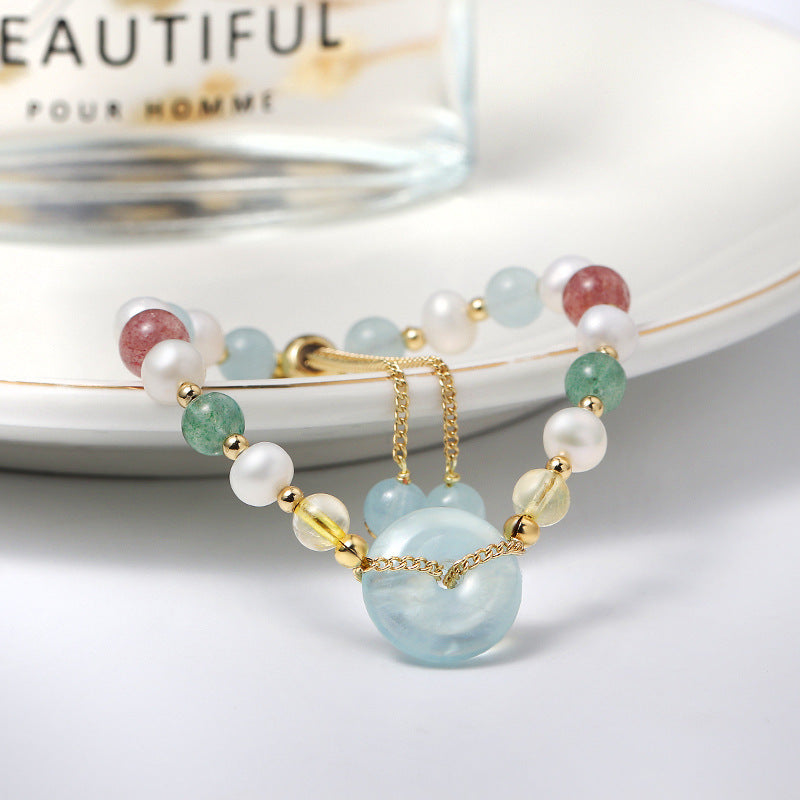 Korean Style Aquamarine Crystal and Freshwater Pearl Bracelet with Sterling Silver Clasp