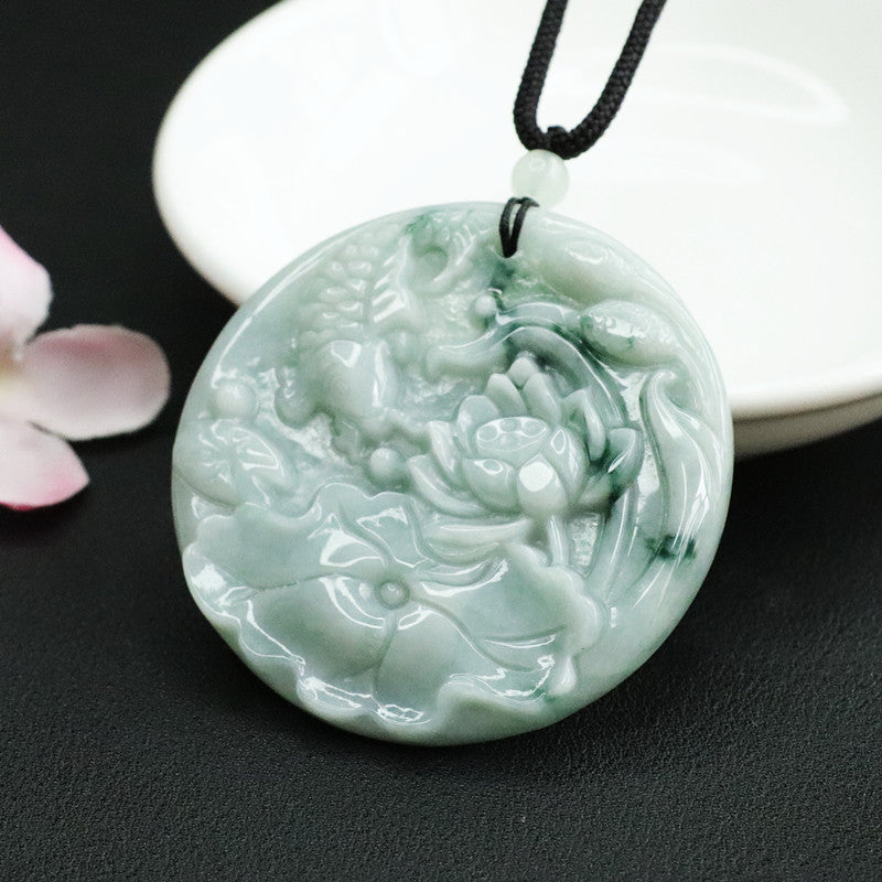 Fortune's Favor Jade Koi Pendant with Lotus Leaf Design