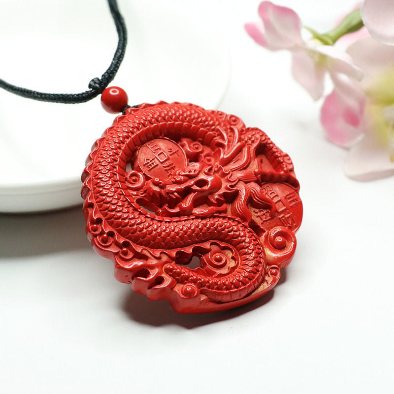 Cinnabar Hollow Dragon Pendant, Red Sand Round Pendant Jewelry