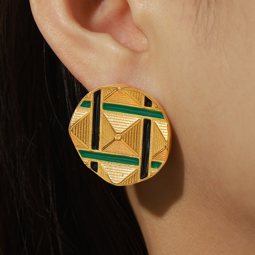 Wholesale Gold-Plated Titanium Steel Enamel Earrings with Geometric Design