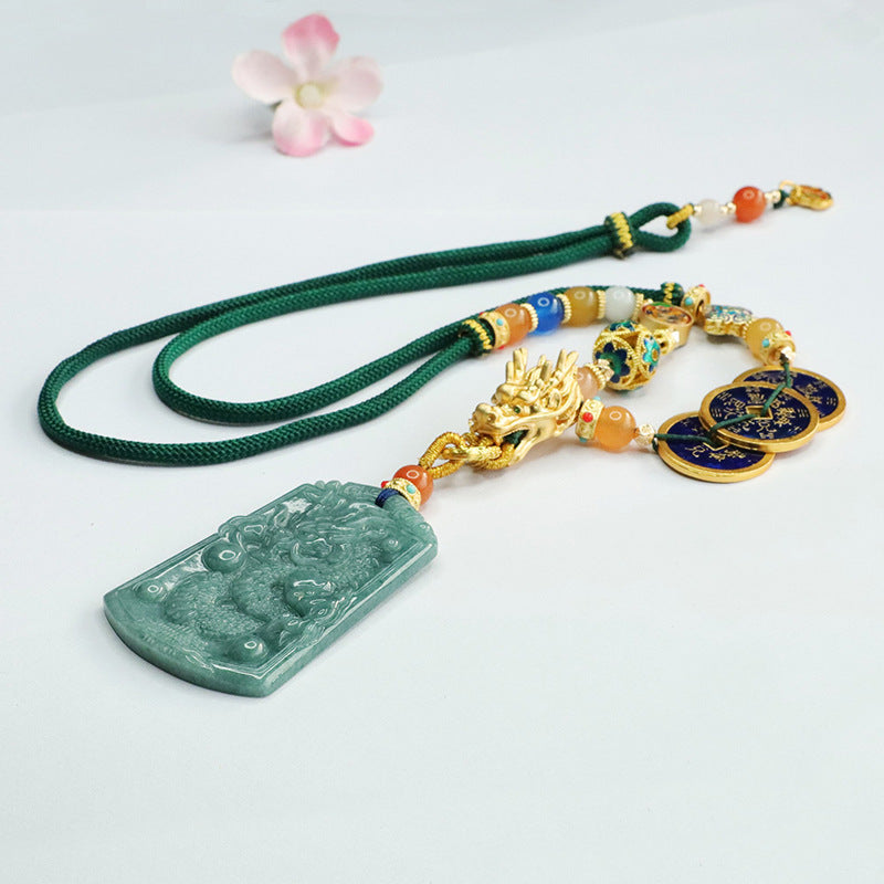 Golden Dragon Jade Necklace with Sterling Silver Chain