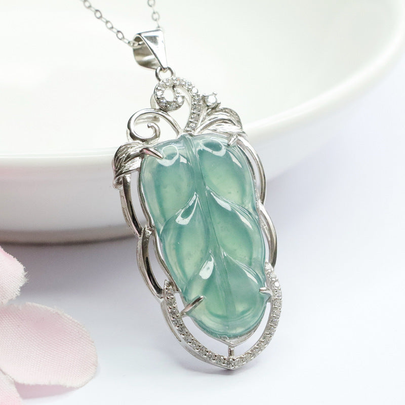 Ice Blue-Green Leaves Hollow Necklace with Jade Gemstone