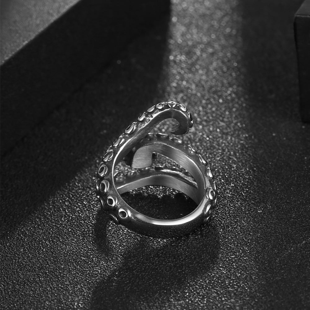 Personalized Retro Octopus Titanium Steel Ring for Couples with Red Zircon - European and American Style