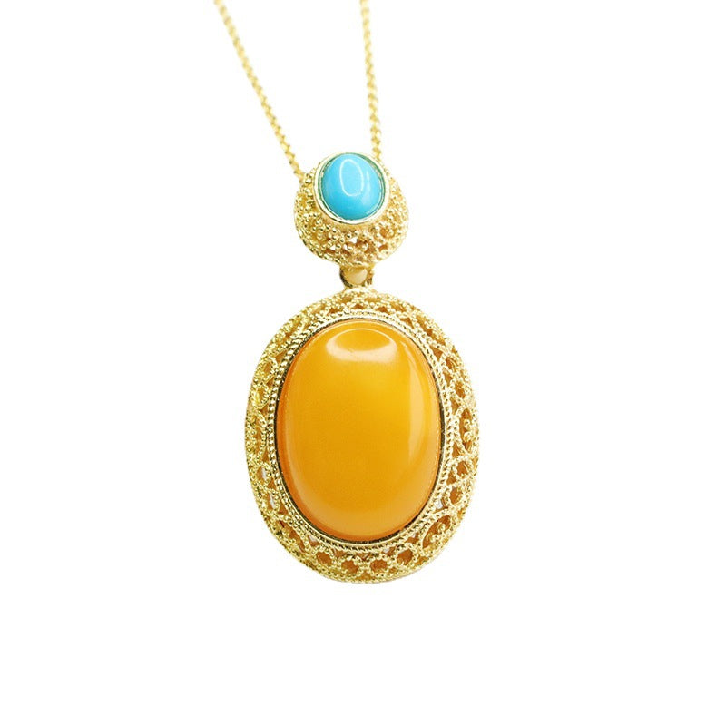 Golden Lace Edge Beeswax Amber Necklace with Sterling Silver Charm