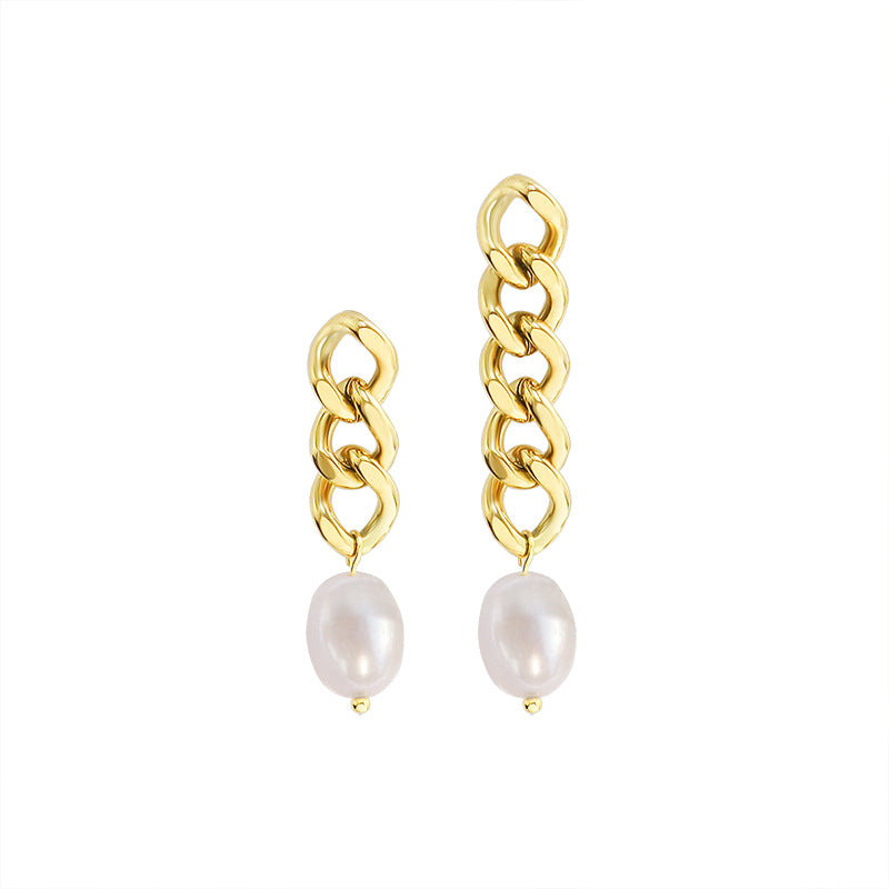 Freshwater Pearl Asymmetric Chain Earrings - Titanium Autumn/Winter Jewelry