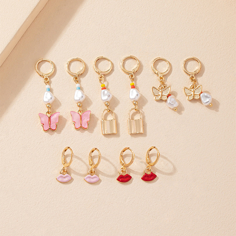 Butterfly Charm Earrings Set with Small Lock Detail