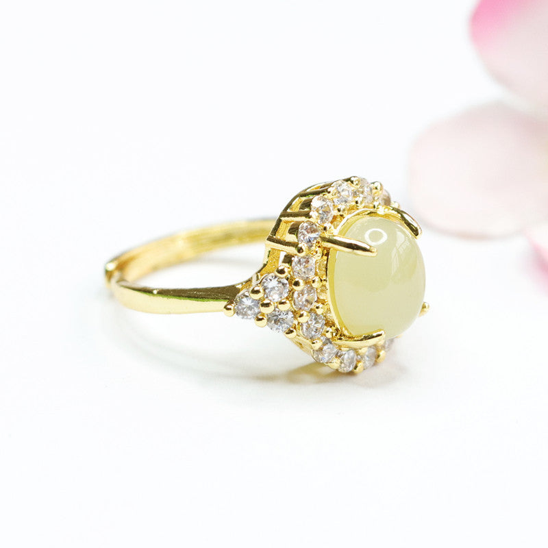 Organic Hetian Jade Ring with Sparkling Zircon Detail, Versatile Sterling Silver Design