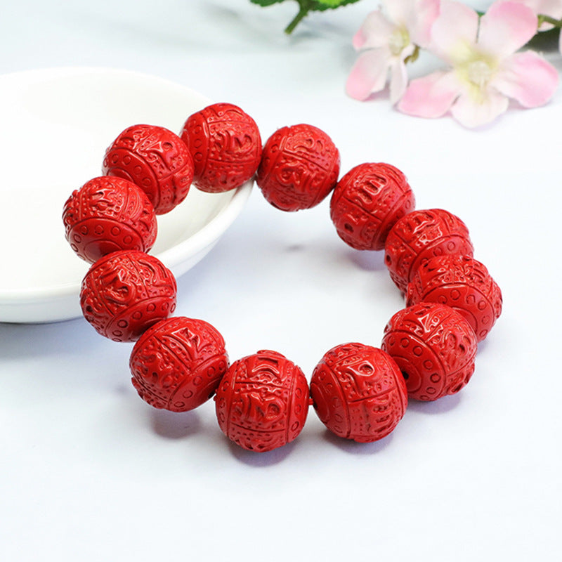 Chinese Style Sterling Silver Vermilion Sand Bracelet with Cinnabar Stone