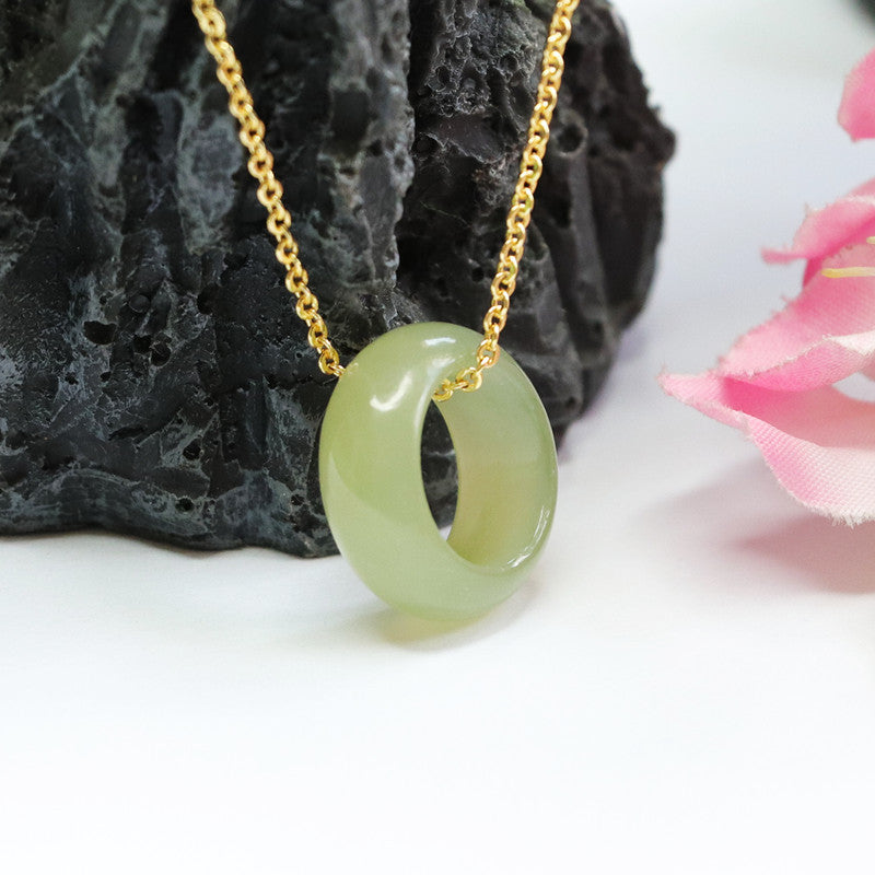 S925 Silver Jade Safety Ring with Hotan Jade Pendant