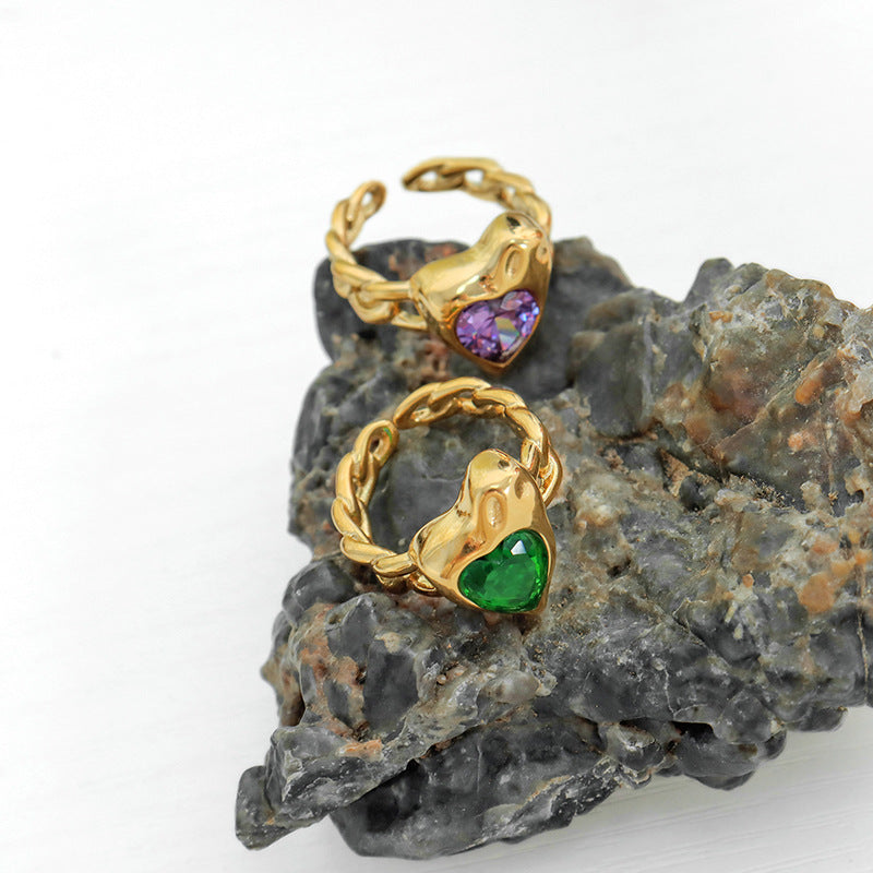 Elegant Purple Zircon and Green Crystal Heart Ring - Premium Titanium Steel Jewelry