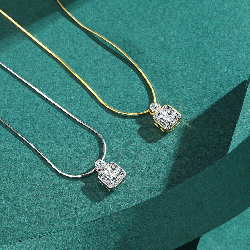 Sterling Silver Square Zircon Necklace with Snake Bone Chain