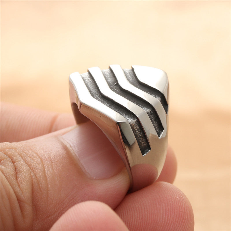 Titanium Steel Vintage Shield Ring for Men - Retro Trendy Striped Design