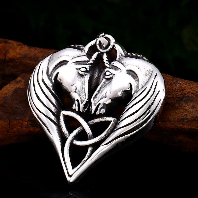 Wholesale Viking Celtic Knot Stainless Steel Pendant for Men with Double Horse Head Design - Titanium Steel Personalized Jewelry