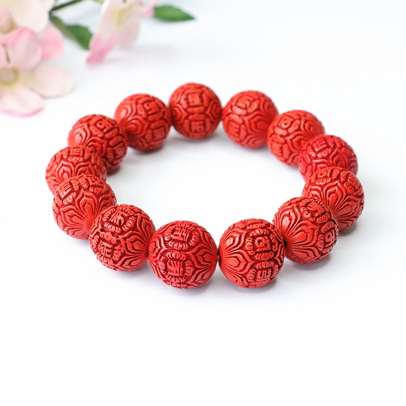 Retro Men's Cinnabar Stone Bead Bracelet with Sterling Silver Accents