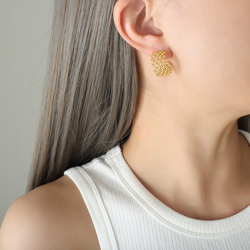 Elegant C-Shaped Gold Plated Grid Earrings with Small Titanium Beads