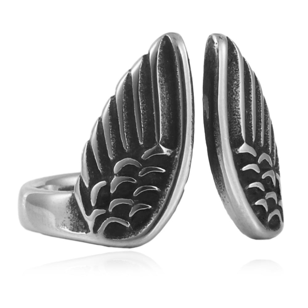 Titanium Steel Punk Animal Wing Ring for Men - Retro Feather Design, Sizes 7-13