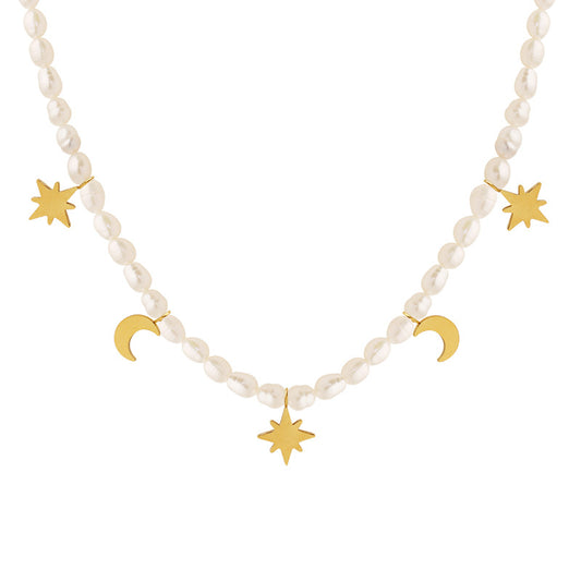 Youthful French Romantic Starry Night Freshwater Pearl Necklace in Titanium Steel