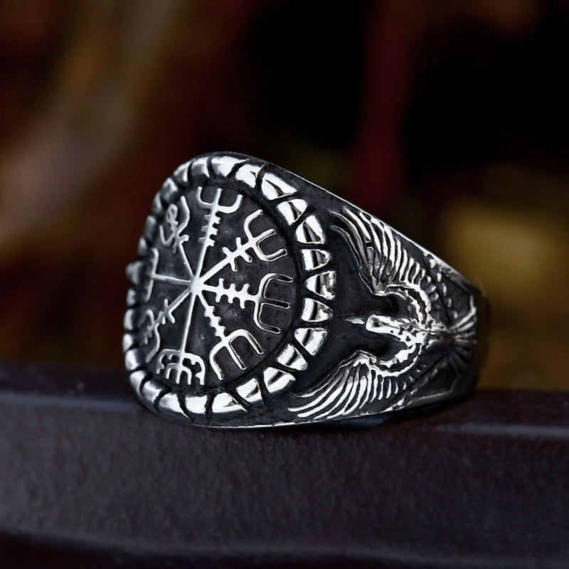 Wholesale Viking Rune Stainless Steel Ring for Men - Retro Titanium Steel Double Crow Design, Sizes 7-13