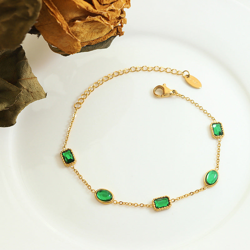 Emerald Zircon Inlaid Titanium Steel Gold-Plated Bracelet with Court Style Design