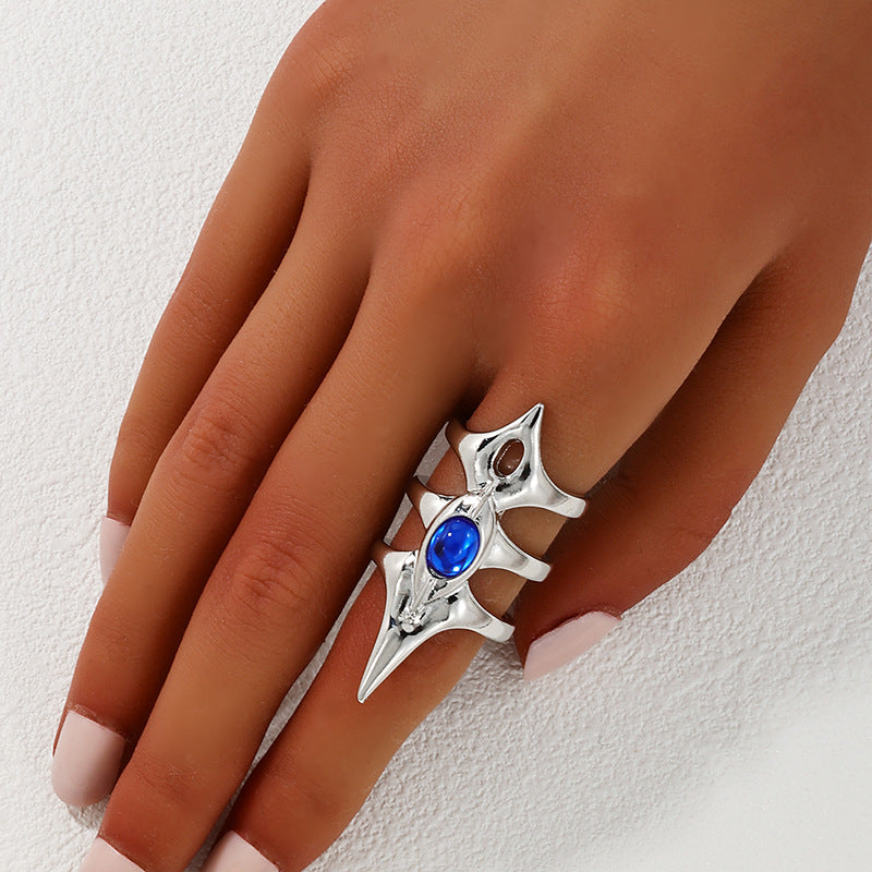 European and American Fashion Retro Handmade Metal Ring with Three-Layer Inlaid Stone Spikes