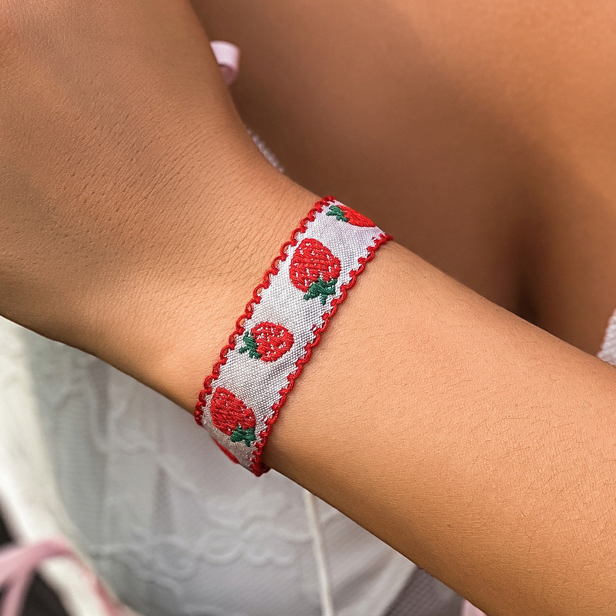 Bohemian Strawberry Fabric Handmade Watch Ribbon Bracelet - Women's Style