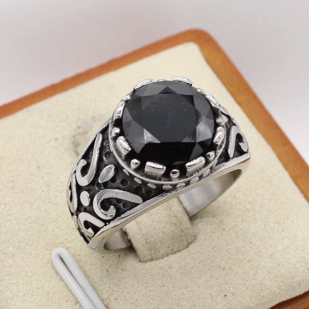 Personalized Retro Titanium Steel Ring for Men with Gemstone - Wholesale European and American Jewelry