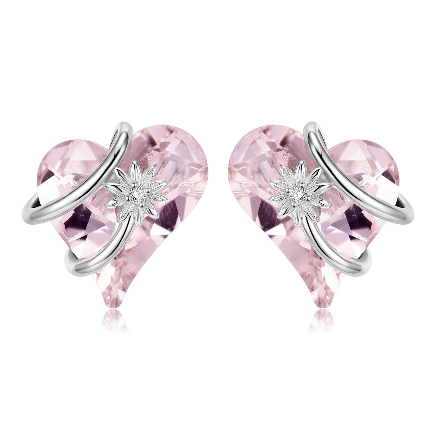 Heart Shape Pink Zircon Entangled Flower Silver Stud Earrings