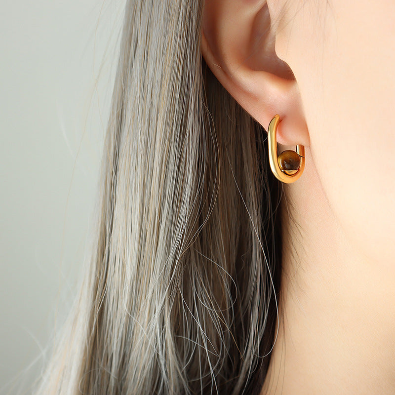 Neutral Wind Tri-Color Agate Tiger's Eye Stone U-Shaped Earrings - Gold-Plated and Non-Fading