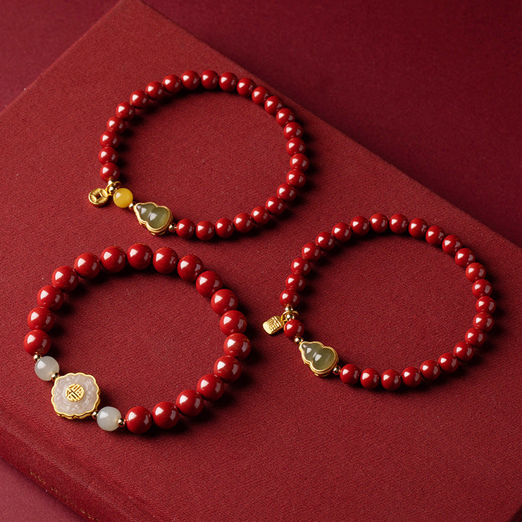 Chinese Style Cinnabar and Hotan Jade Bracelet with Gold Inlay and Fulu Beaded Zixia Jewelry