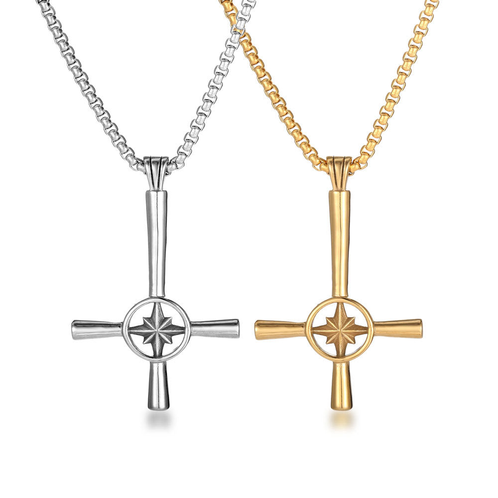 Stylish Stainless Steel Cross Necklace with Star Flower Pendant - Punk Hip-Hop Design for Men