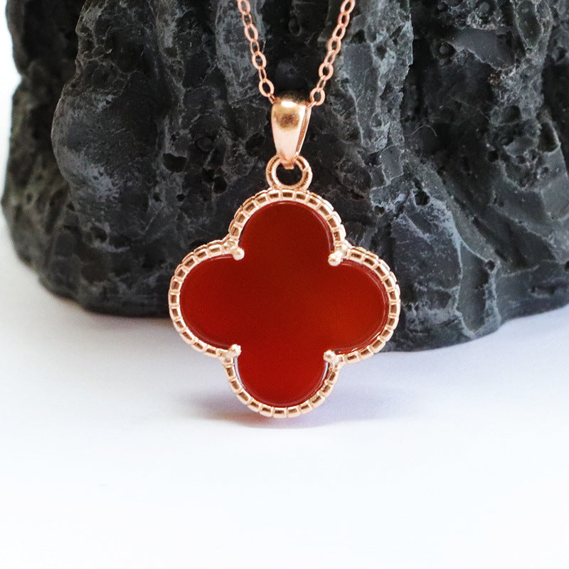 Red Agate Clover Sterling Silver Pendant