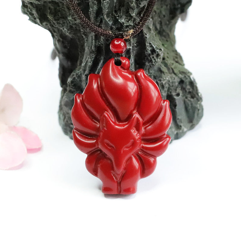 Nine Tailed Fox Sterling Silver Pendant with Cinnabar Stone