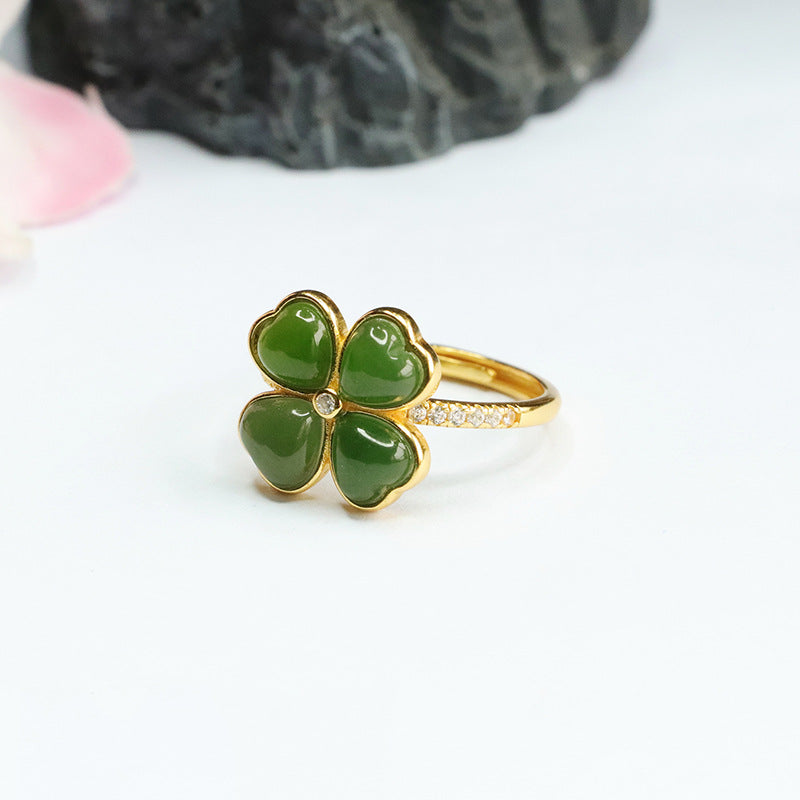 Four Leaf Clover S925 Silver Jade Ring with Zircon Accents