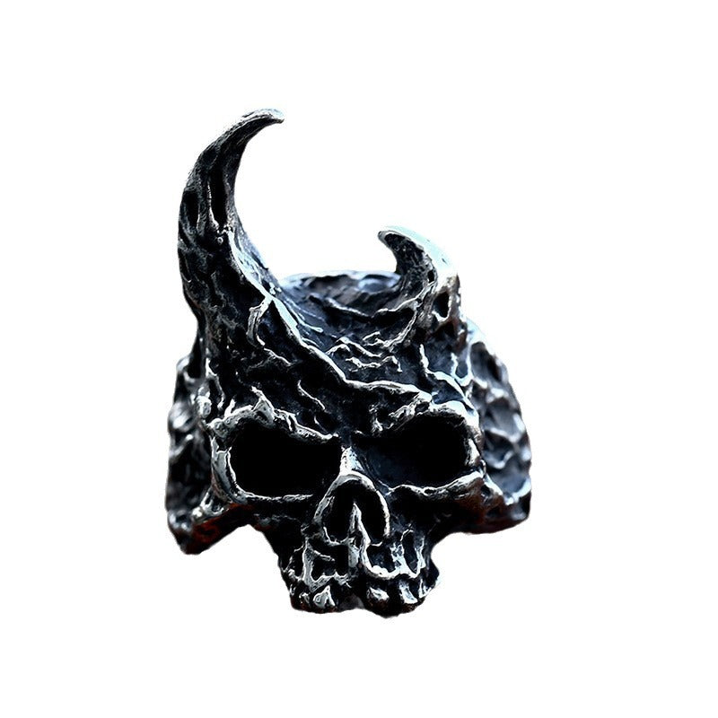 Punk Hip-Hop Skull Titanium Steel Ring for Men - Retro Stainless Steel Croissant Hand Jewelry