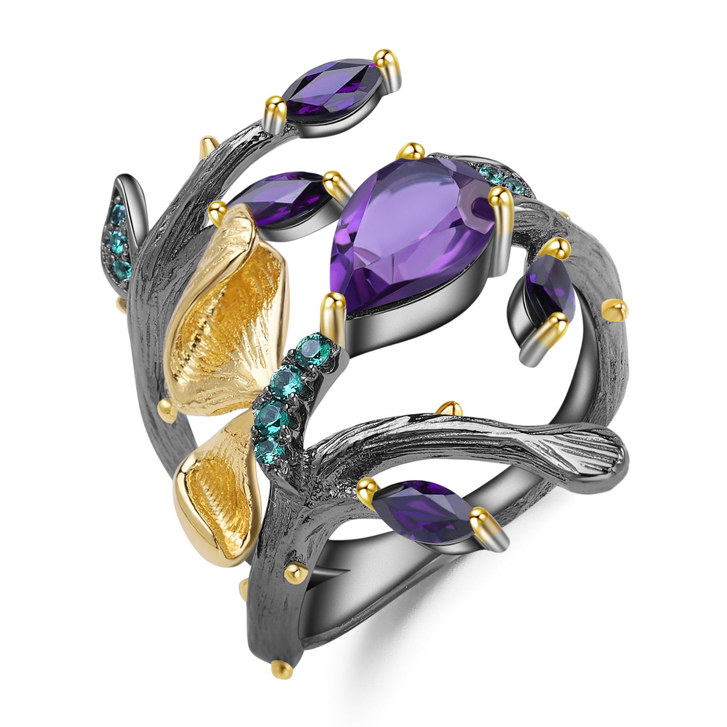 Rotated Garland Butterfly Natural Gemstones Silver Ring