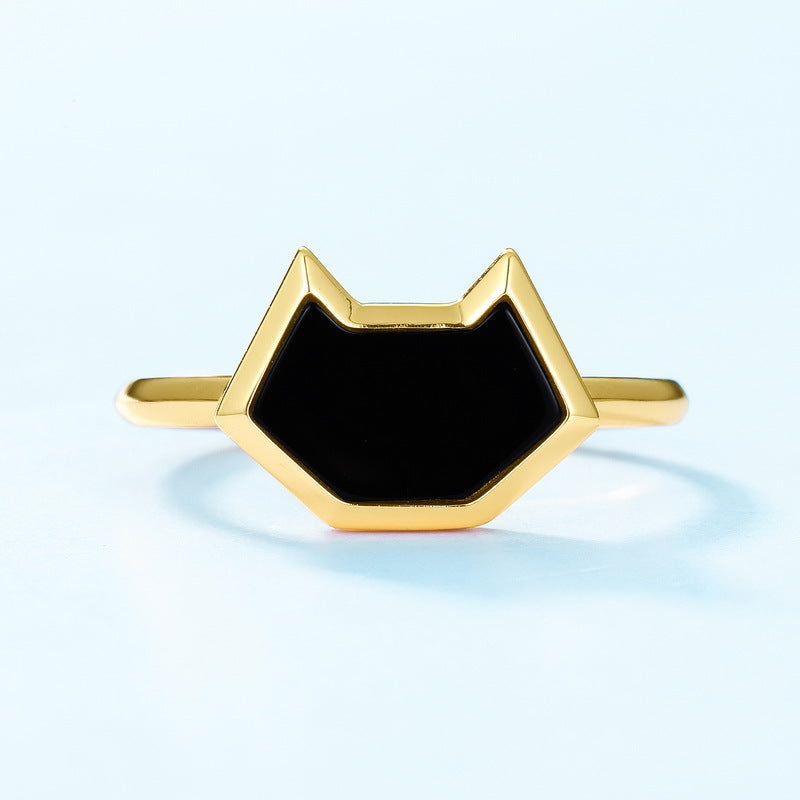 Black Agate Simple Kitty Opening Sterling Silver Ring