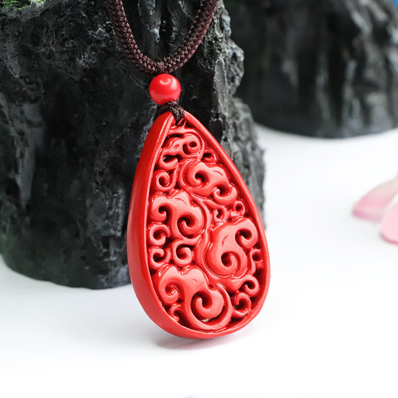 Red Sand Carving Sterling Silver Cinnabar Pendant with Auspicious Cloud and Water Drop