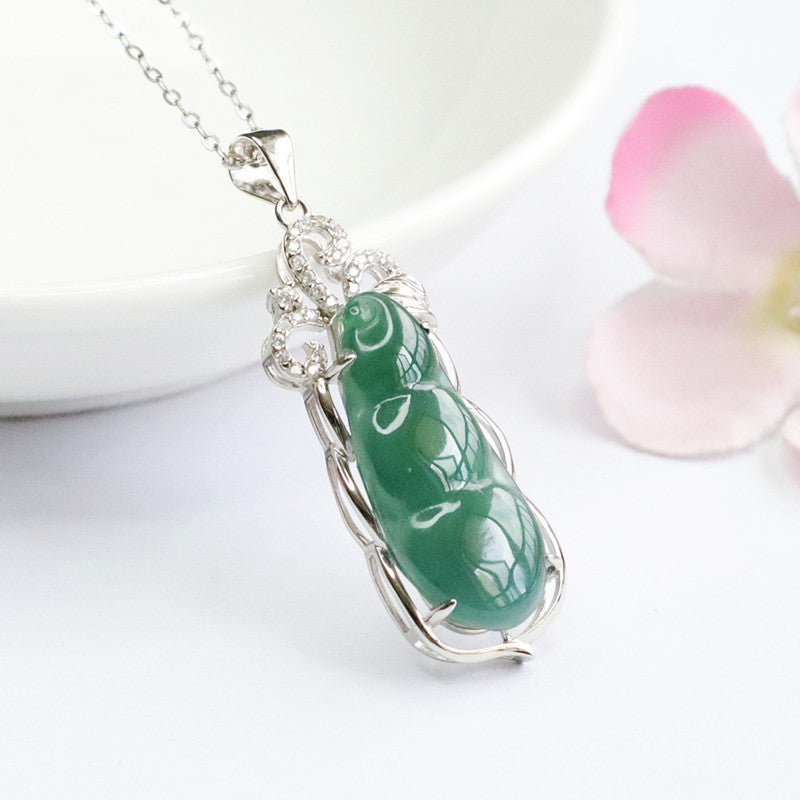 Ice Blue Green Beans Sterling Silver Necklace with Jade Pendant