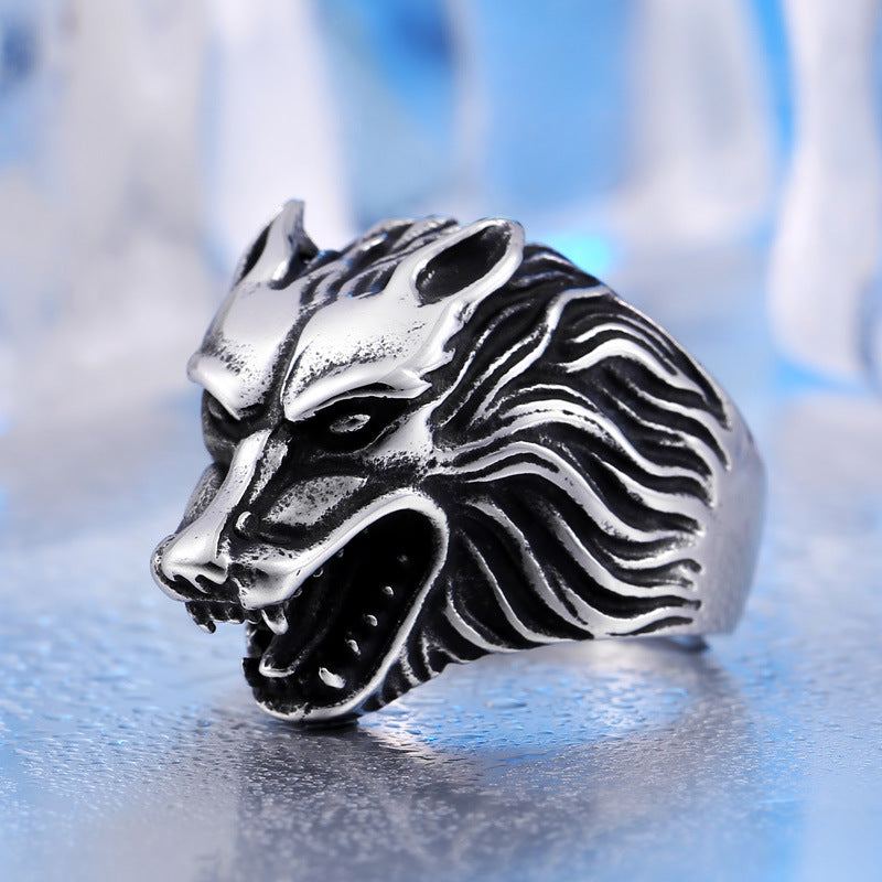 Retro Men's Titanium Steel Wolf Head Ring - European and American Style Wholesale