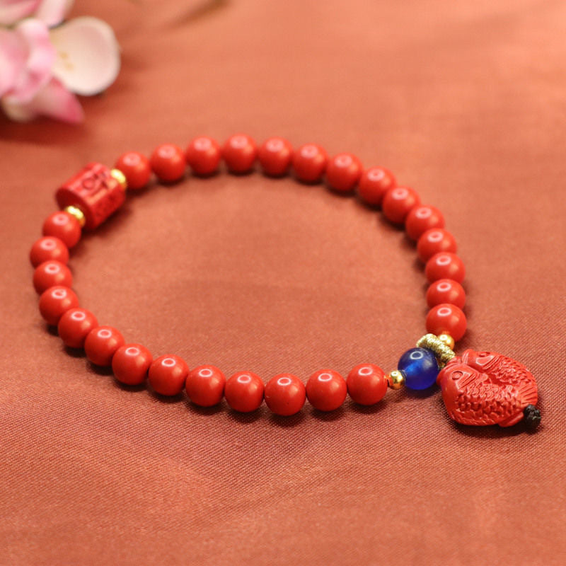 Cinnabar Double Fish Bracelet with Six-character Proverbs Sterling Silver Jewelry