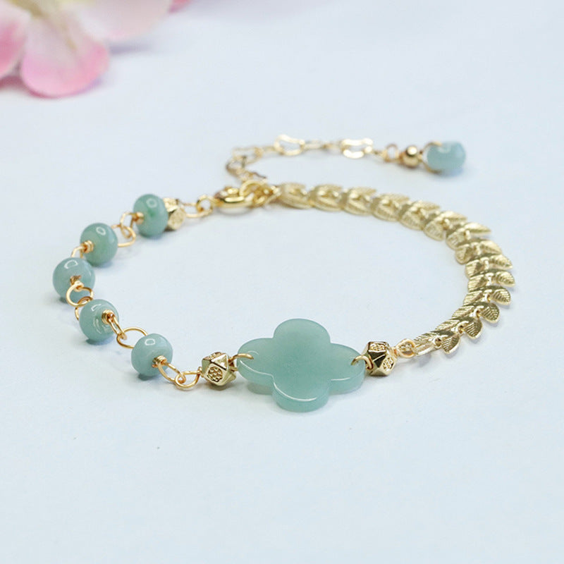 Jade Bead Bracelet with Sterling Silver Clover Accent