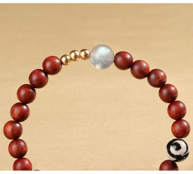 Chinese Style Red Sandalwood Multi-Circle Bracelet with Green Beads